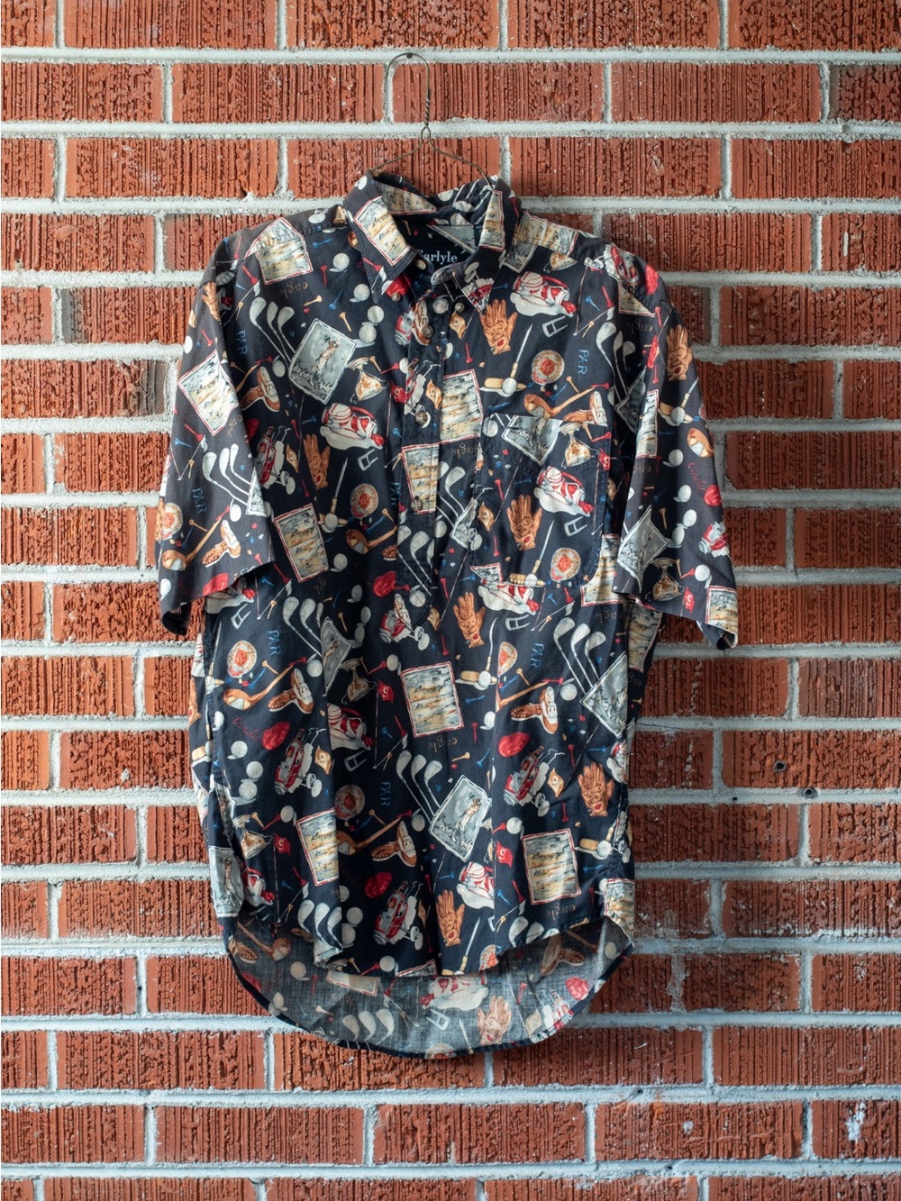 Vintage Carlyle Golf Shirt Mens M Black Print Short Sleeve Button Down Cotton